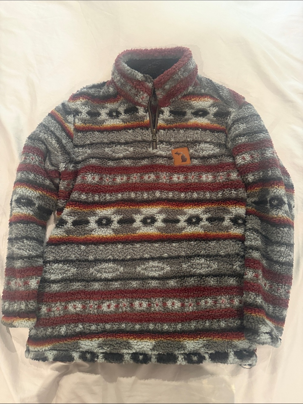 Men's Sherpa Zip-Up Pullover Sweater - Gray, Red & Accent Stripes